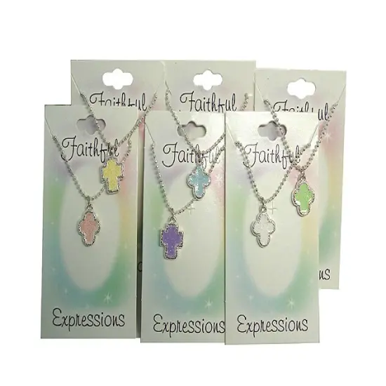 Roman Set of 6 Pastel Sparkle Cross Pendant Silver Necklaces 18" {1}