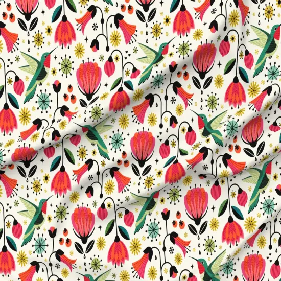 Various Fabrics by the Yard or Fat Quarter Hummingbird Vintage Flowers Floral Retro Mod Mid Century Scandi Red Yellow Green Custom Printed Fabric by Spoonflower {6}