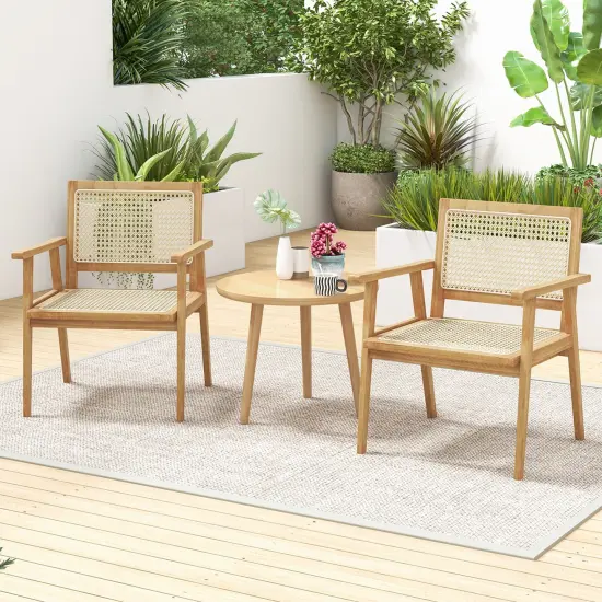 Costway 1/2 PCS Wood Chair Indonesia Teak Wood Armchair with Natural Rattan Seat & Back Patio Chair for Porch {4}