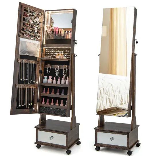 Costway Jewelry Cabinet Armoire Full-Length Mirror Lockable with 3-Color LED Lights Brown/Coffee/White {8}