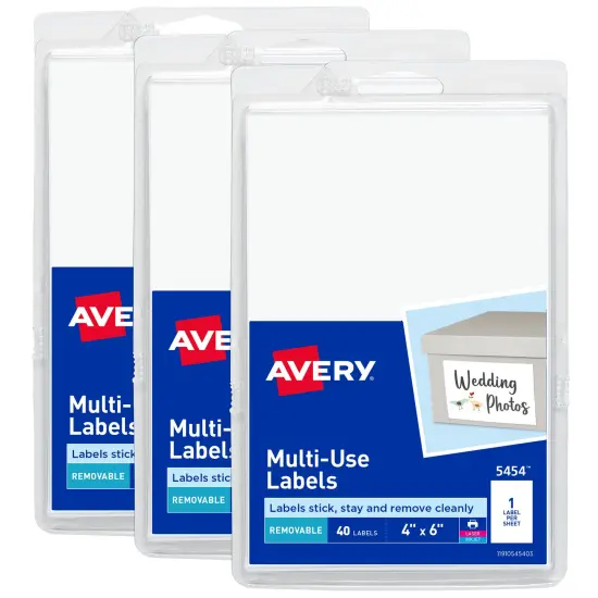 Avery Removable Labels, 4" x 6" Blank Labels, Laser/Inkjet Printable Labels, 40 Labels per Pack, 3 Packs, 120 Total Labels (5614) {1}