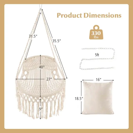 Costway Indoor Outdoor Macrame Swing with Soft Seat Cushions Sturdy Hanging Rope & Chain {3}