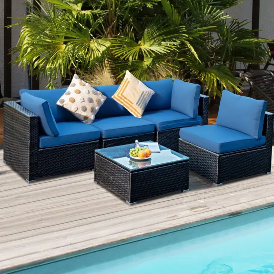 5 Pieces Cushioned Patio Rattan Furniture Set with Glass Table Navy {3}