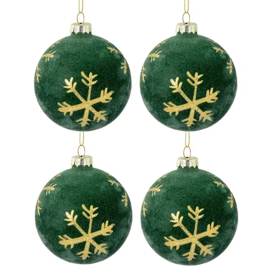 Northlight Velvet Glass Christmas Ball Ornaments with Gold Snowflakes - 3" (75mm) - Green - 4ct {1}