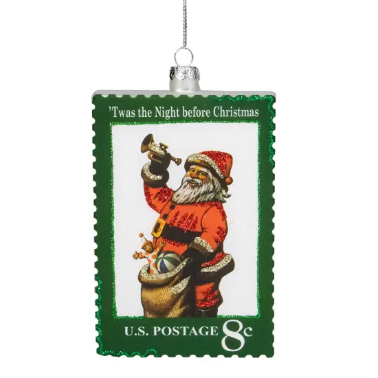 Northlight USPS Santa Stamp "Twas The Night Before Christmas" Glass Christmas Ornament - 3.5" - Green {1}