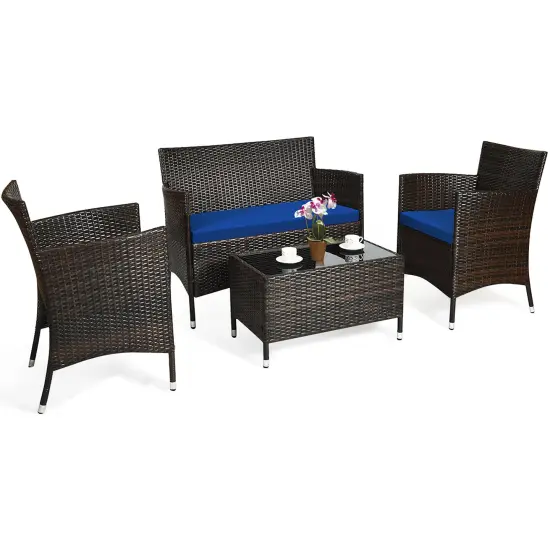Costway 4PCS Rattan Patio Furniture Set Cushioned Sofa Chair Coffee Table {3}