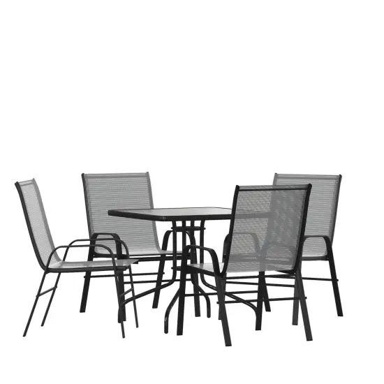 Emma and Oliver Five Piece Patio Dining Set - Square Table with Powder Coated Frame and Tempered Glass Top & 4 Flex Comfort Stack Chairs Brown {6}