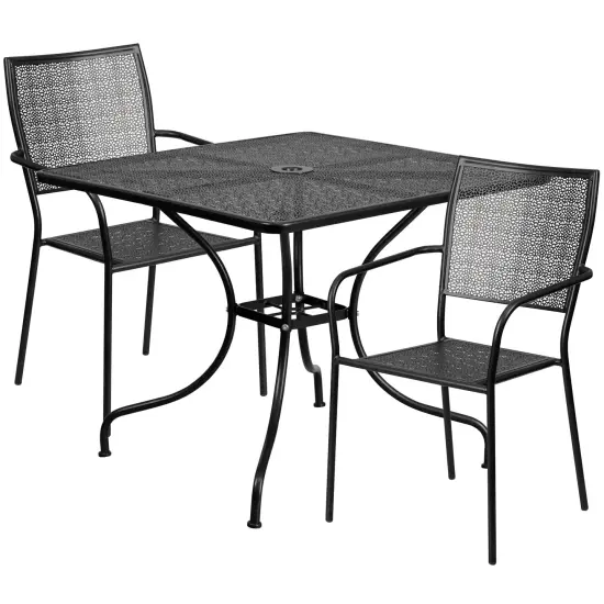 Emma and Oliver Commercial Grade 35.5" Square Metal Garden Patio Table Set, 2 Square Back Chairs Light Gray {5}