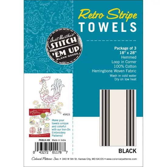 Aunt Martha's Stitch 'Em Up Retro Stripe Towels 18"X28" 3/Pk-Black Stripe {3}