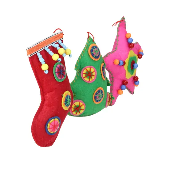 Raz Set of 3 Vibrantly Colored Bohemian Plush Star, Tree, and Stocking Christmas Ornaments 5" Red {3}