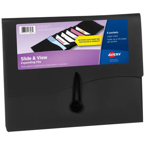 Avery Slide & View Expanding File Folder, 6 Pockets, Letter Size, 1 Black Folder (73542) {1}