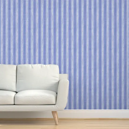 Pre-Pasted Wallpaper 2FT Wide Blue Summer Contemporary And White Vertical Stripes Thin Modern Beach Costal Boho Chic Custom Pre-pasted Wallpaper by Spoonflower {5}