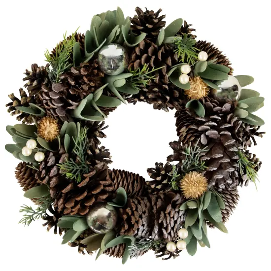 Northlight Silver and Green Mixed Foliage and Pinecone Christmas Wreath, 13.5-Inch, Unlit {1}