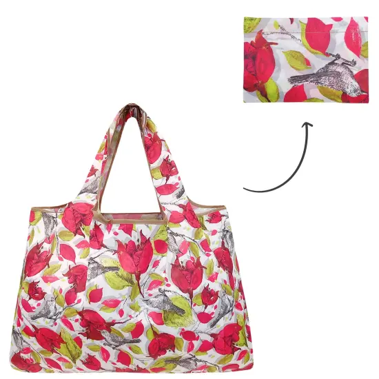 Wrapables Large Foldable Tote Nylon Reusable Grocery Bag Red Floral Gray Bird {3}