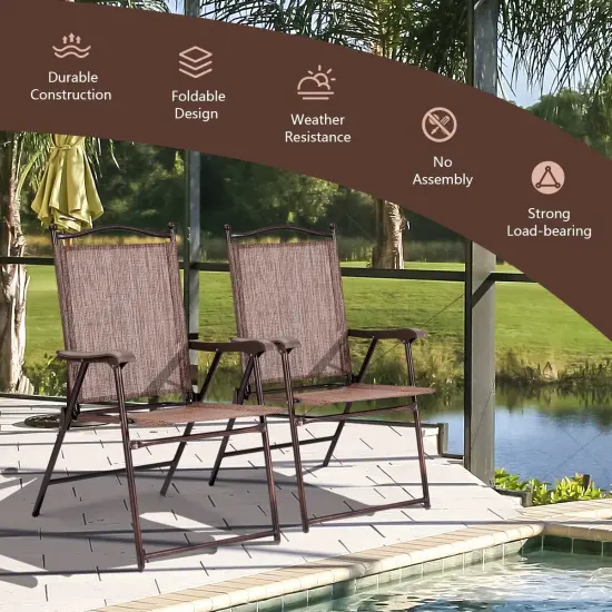Set of 2 Patio Folding Sling Back Camping Deck Chairs with Steel Tube and Plastic Frame Brown {3}