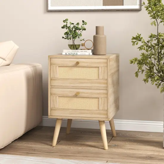 Costway 1/2 PCS Rattan Nightstand Boho Accent Bedside Table with 2 Storage Drawers Natural {3}
