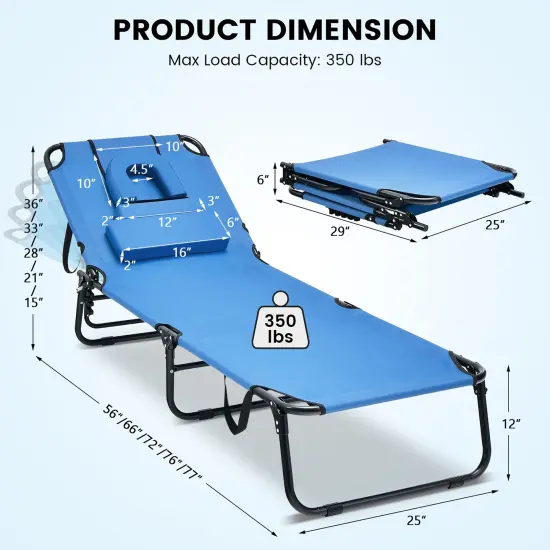 Costway 5-Position Adjustable BackrestBeach Chaise Lounge Chair with Face Hole Pillows {3}