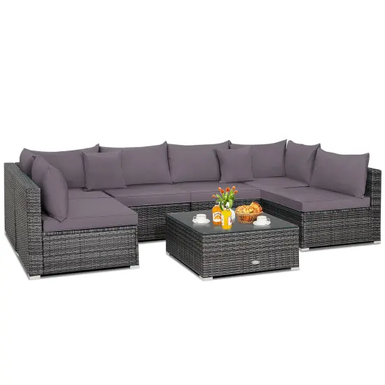 Costway 7PCS Patio Rattan Furniture Set Sectional Sofa Cushioned Garden Gray {3}