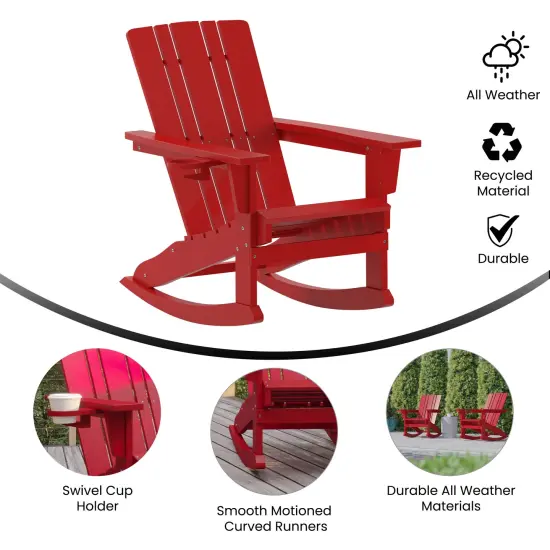 Merrick Lane Ridley HDPE Adirondack Chair with Cup Holder and Pull Out Ottoman, All-Weather HDPE Indoor/Outdoor Chair Red {2}