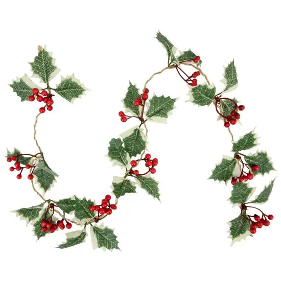 Northlight Pre-lit LED Battery Operated Holly and Berry Christmas Garland - 3.5' - Warm White Green {1}