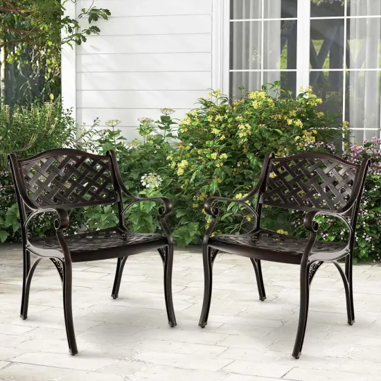 Costway 2/4 PCS Cast Aluminum Patio Chairs Set of 2 All Weather Outdoor Dining Chairs with Armrests Bronze {1}