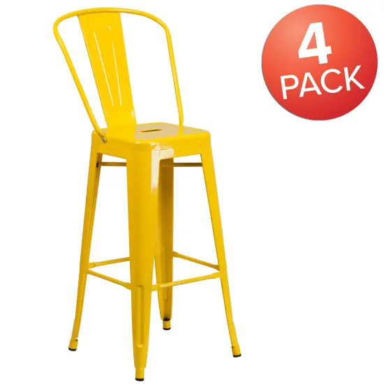 Emma and Oliver Commercial Grade 4 Pack 30" High Metal Indoor-Outdoor Barstool with Back Blue {10}