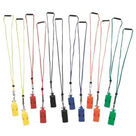 S&S Worldwide Arbiter Pealess Whistle and Breakaway Lanyard.Extremely Loud ABS Plastic Whistles.2 Each in 6 Different Colors with Matching Colored Breakaway Lanyards. Set of 12. {1}