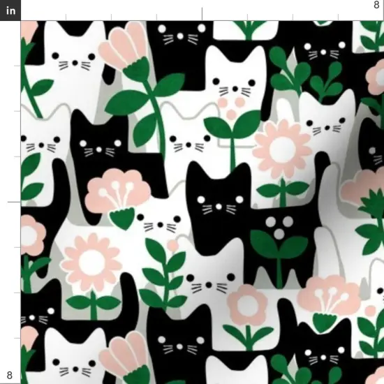 Various Fabrics by the Yard or Fat Quarter Whimsical Cats Black And White Flowers Garden Kitten Cute Folk Art Dollhouse Small Scale Leaves Cat Faces Playful Kittens Abstract Custom Printed Fabric by Spoonflower {4}