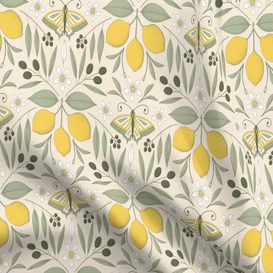 Various Fabrics by the Yard or Fat Quarter Yellow Butterfly Damask Olive Lemon Botanical Italy Pastel Colors Mediterranean Tree Large Scale Citrus Moth Insects Custom Printed Fabric by Spoonflower {5}