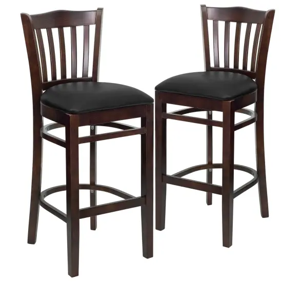 Emma and Oliver 2 Pack Vertical Slat Back Wooden Restaurant Barstool BlackVYL/NaturalWood {6}