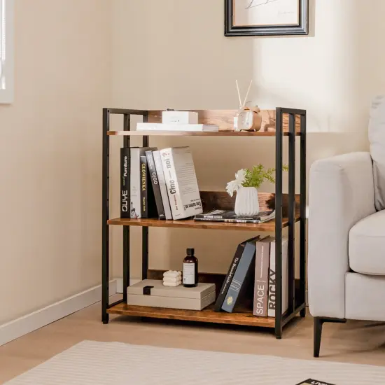 Costway 3-Tier Industrial Metal Frame Corner Bookcase with Adjustable Shelves Rustic Brown {4}