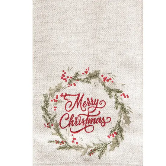27" x 18" "Merry Christmas" Sentiment Holly Berry Winter Wreath Holiday Embellished Flour Sack Kitchen Dish Towel Decor {3}