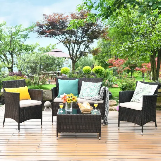 Costway 4PCS Rattan Patio Furniture Set Sofa Chair Coffee Table w/Cushion Outdoor {1}