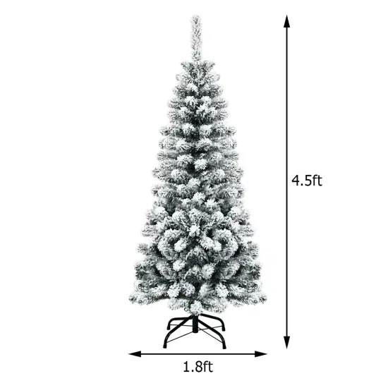 4.5Ft Pre-lit Snow Flocked Artificial Pencil Christmas Pine Tree w/150 LED Light {5}