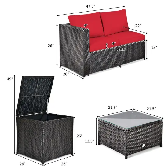 4 Pcs Outdoor Patio Rattan Furniture Set with Cushioned Loveseat and Storage Box Red {5}