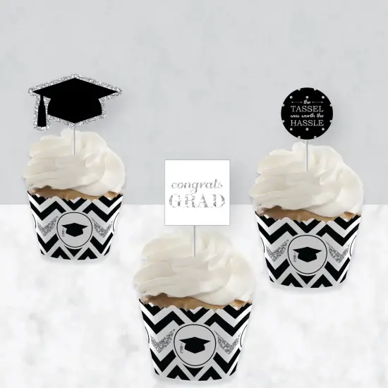 Big Dot of Happiness Tassel Worth The Hassle - Silver - Cupcake Wrappers and Treat Picks Kit - Set of 24 {4}