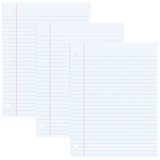 Filler Paper, White, 3-Hole Punched, Red Margin, 3/8" Ruled, 8" x 10.5", 200 Sheets Per Pack, 3 Packs {1}