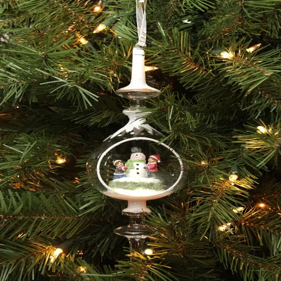 Roman 12.5" Winter Scene with Children Building Snowman Inside of Glass Christmas Pendant Finial Ornament White {3}