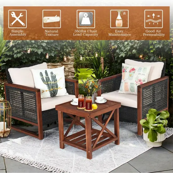 3 Pieces Patio Wicker Furniture Sofa Set with Wooden Frame and Cushion Beige {6}