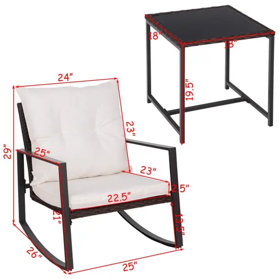 Costway 3-Piece Patio Wicker Bistro Furniture Set w/ 2 Rocking Chairs, Glass Side Table, Cushions Red/Beige {9}
