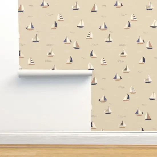 Pre-Pasted Wallpaper 2FT Wide Beige Boats Nautical Sailing Gender Neutral Coastal Seaside Country Style Cottagecore Chic Beach Large Scale Custom Pre-pasted Wallpaper by Spoonflower {2}