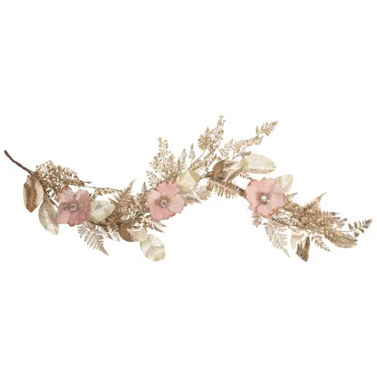 Northlight Poppy and Fern Artificial Christmas Garland - 5' x 10" - Champagne Gold and Pink {1}