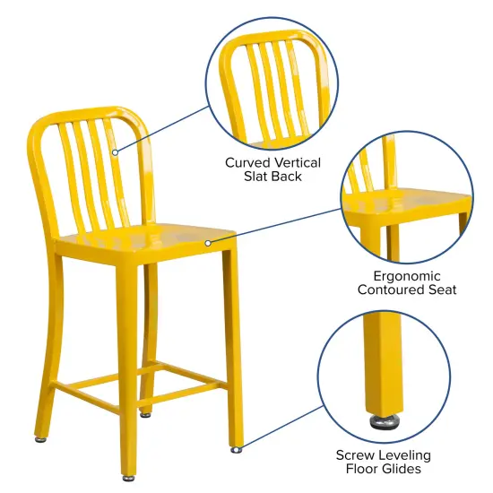 Merrick Lane Santorini Galvanized Steel Indoor/Outdoor Counter Bar Stool With Slatted Back And Powder Coated Finish Yellow {2}