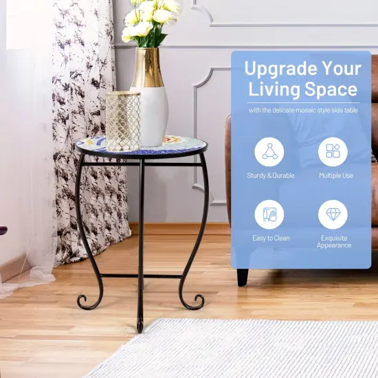 Steel Mosaic Round Accent Table for Patio Lawn Garden Blue ocean {3}