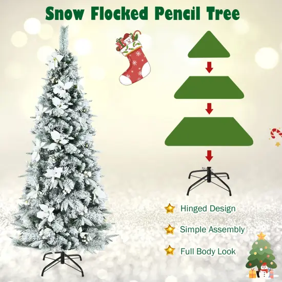 Costway 5ft/6ft/7ft/8ft Snow Flocked Christmas Pencil Tree w/ Berries & Poinsettia Flowers {6}
