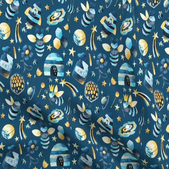 Various Fabrics by the Yard or Fat Quarter Whimsical Bees Outer Space Celestial Night Sky Exploration Astronauts Blue Yellow Custom Printed Fabric by Spoonflower {5}