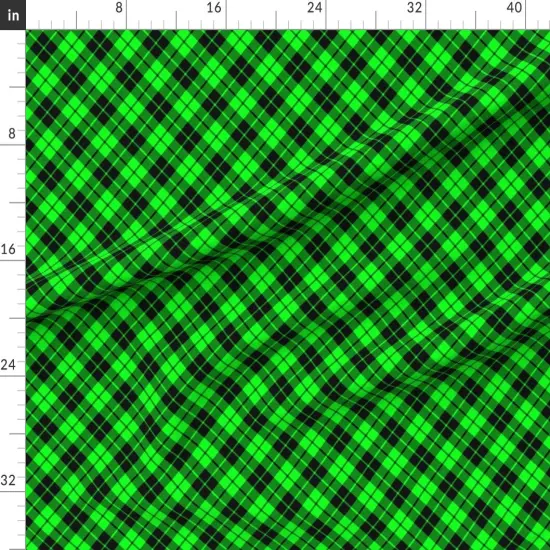 Various Fabrics by the Yard or Fat Quarter Plaid Bright Green Black Tartan Checkered Diagonal Pattern Custom Printed Fabric by Spoonflower {1}