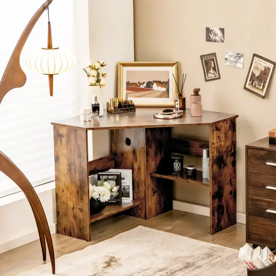 Costway Corner Computer Desk Triangle Writing Workstation w/ Storage Shelf White\Black {12}