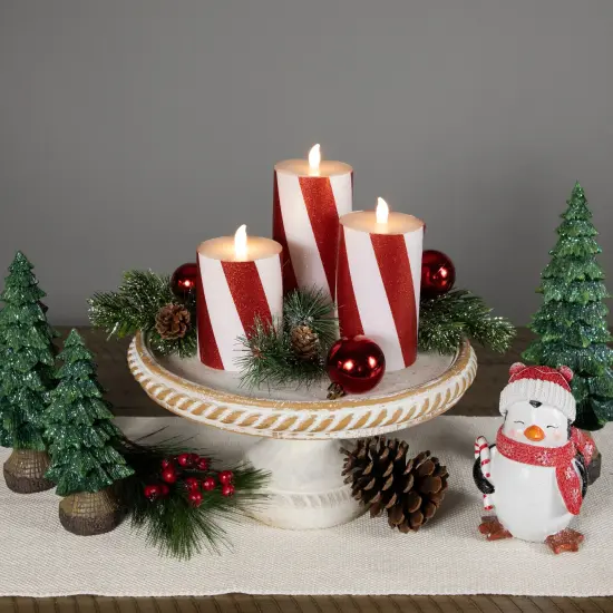 Northlight LED Flameless Flickering Candy Cane Wax Pillar Christmas Candles - 6" - Set of 3 Red {3}