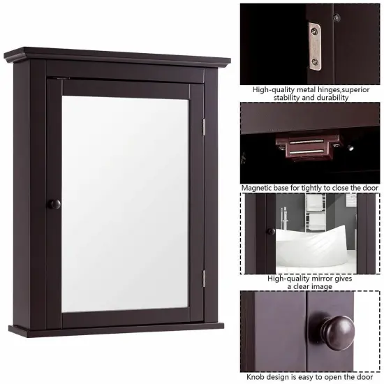 Bathroom Mirror Cabinet Wall Mounted Adjustable Shelf Medicine Storage Brown {6}